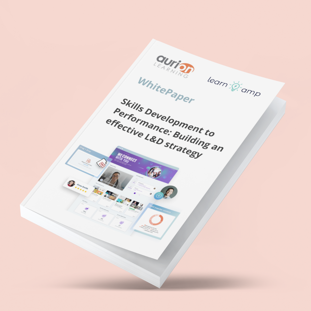 A white paper document from Aurion Learning positioned at an angle against a soft pink background. The document features the Aurion Learning logo in the top left corner and the Learn Amp logo in the top right corner. The main title reads "Skills Development to Performance: Building an effective L&D strategy" in bold black text.
The cover includes screenshots of various digital learning interfaces and platforms, including what appears to be a learning management system with user profiles, course thumbnails, and data visualisation elements such as charts and graphs. The document appears to be a comprehensive guide or research paper focused on learning and development strategies.
The white paper is presented with a subtle drop shadow effect, giving it a three-dimensional appearance against the pastel background. This professional presentation suggests the document is a valuable resource for organisations looking to improve their learning and development programmes through strategic planning and digital solutions.