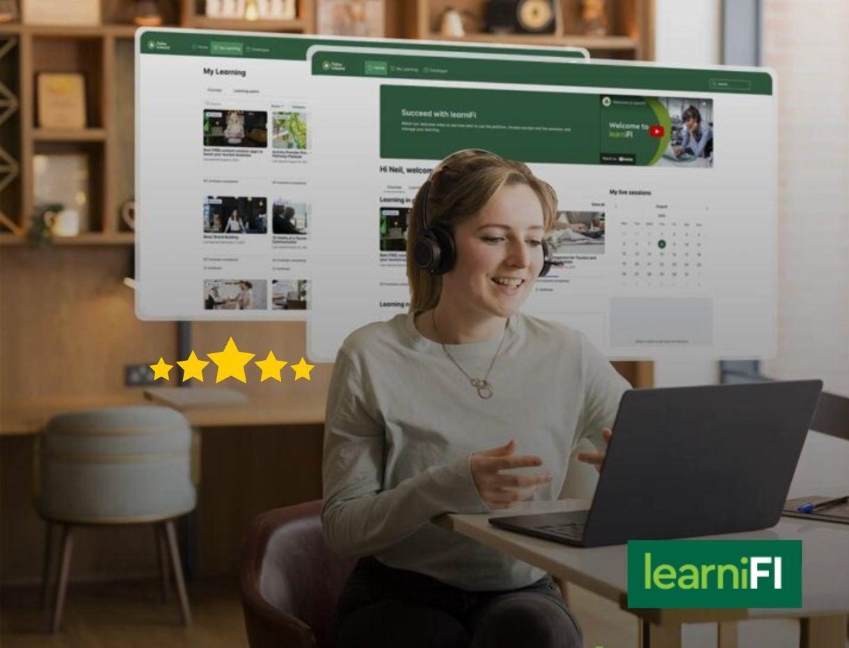 A satisfied learner engaging with learniFI, a digital learning platform for Fáilte Ireland. The young woman is sitting at a desk wearing headphones and smiling while working on her laptop, indicating a positive learning experience.

Behind her are displayed multiple screenshots of the learniFI interface, showing various features including "My Learning" dashboard with course thumbnails featuring environmental and educational content, a "Succeed with learniFL" welcome section with video content, and a "My live sessions" calendar view. The platform appears to have a clean, professional design with a green colour scheme.

The five gold stars displayed prominently above indicate an excellent user rating or satisfaction score, reflecting high praise for the platform's quality and effectiveness. 

The learniFI logo is prominently featured in the bottom right corner in bright green.
The home office setting, with wooden shelving and modern furniture visible in the background, suggests that this learning platform is designed for flexible, remote access to educational content. The overall composition emphasises accessibility, user satisfaction, and the effectiveness of online learning through this platform.