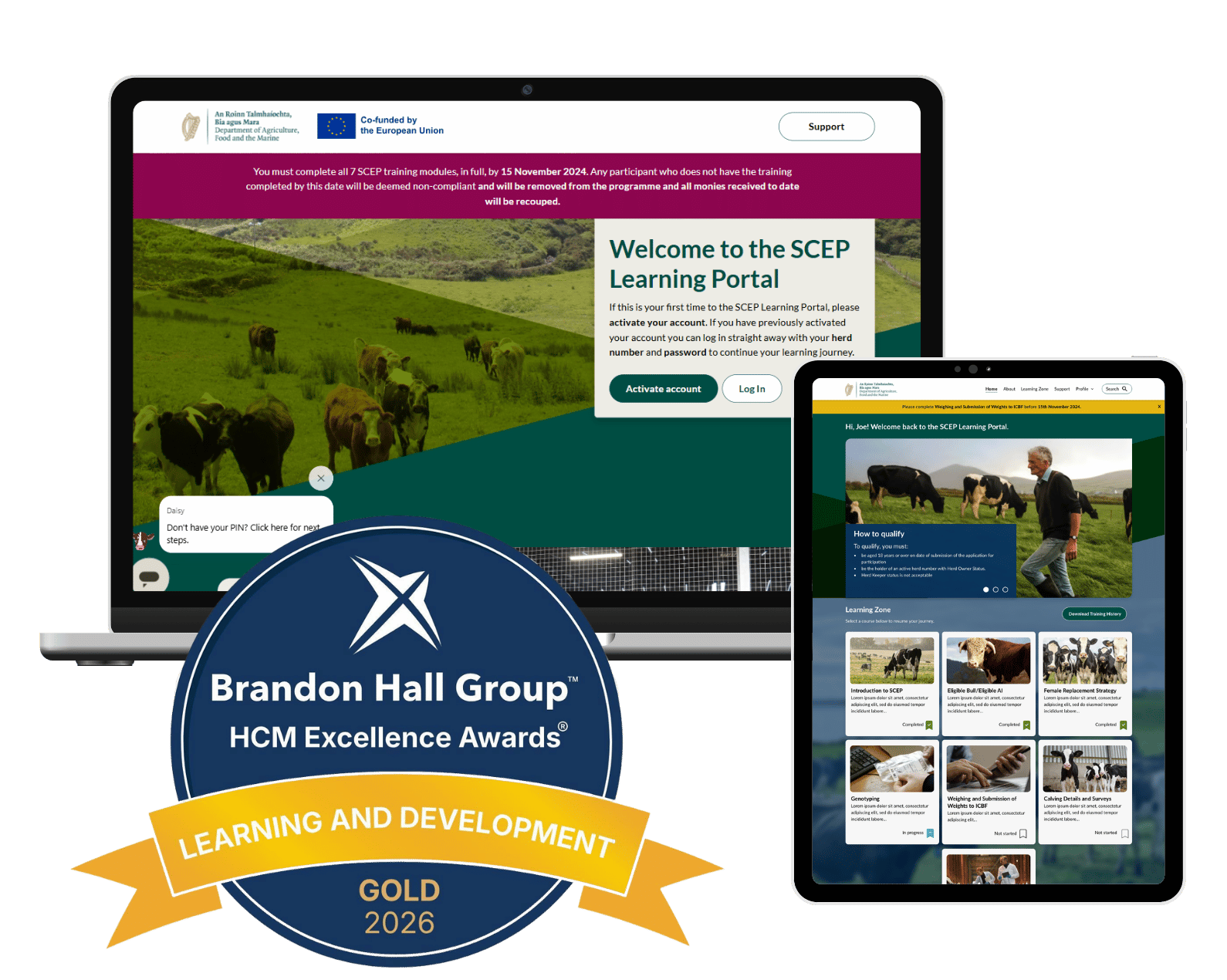 A collage featuring two screens displaying the "SCEP Learning Portal" interface: a laptop monitor in the background showing the main login screen with cattle grazing in a field, and a tablet in the foreground displaying the course catalogue and dashboard. In the lower-left foreground, a prominent circular award badge for "Brandon Hall Group HCM Excellence Awards" is featured with a gold ribbon across the bottom reading "LEARNING AND DEVELOPMENT - GOLD 2026."