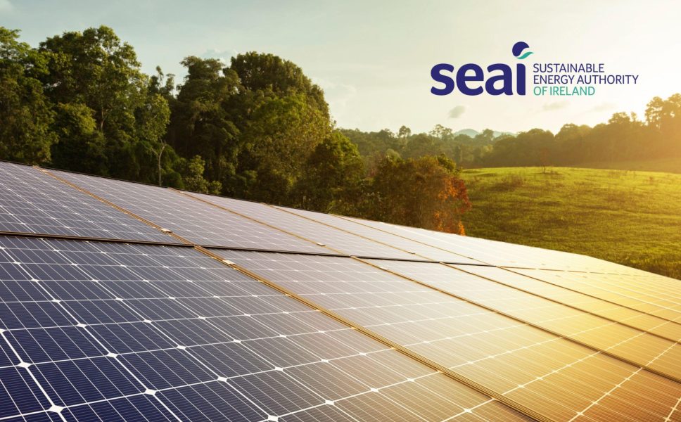 This image showcases an array of solar photovoltaic panels installed in a rural Irish setting, brilliantly catching the golden sunlight. The solar panels are positioned in the foreground, their reflective surfaces creating a striking visual gradient from deep blue on the left to bright golden tones on the right where the sun's rays hit most directly.

The background features a picturesque Irish landscape with lush green fields, mature deciduous trees, and rolling countryside bathed in warm, natural light. The SEAI (Sustainable Energy Authority of Ireland) logo is prominently displayed in the upper right corner, featuring their distinctive navy blue branding with teal accent colours and the full organisation name.